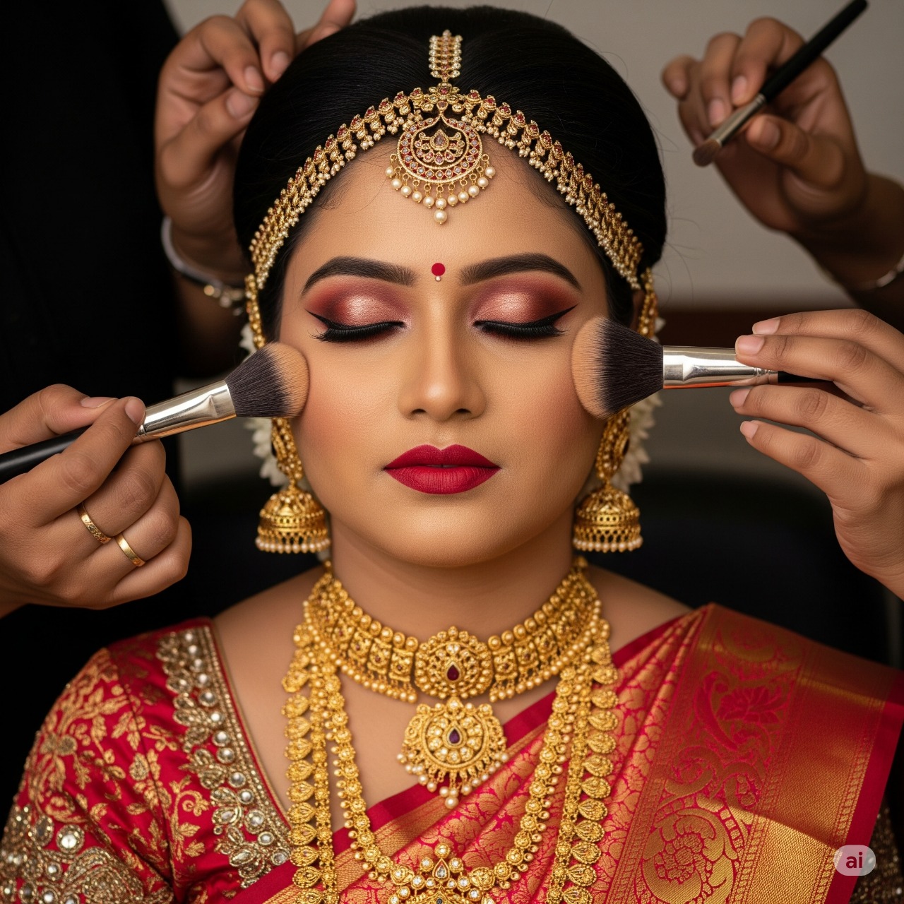 A artist applies expert makeup to a woman dressed in traditional Indian attire for her wedding day.