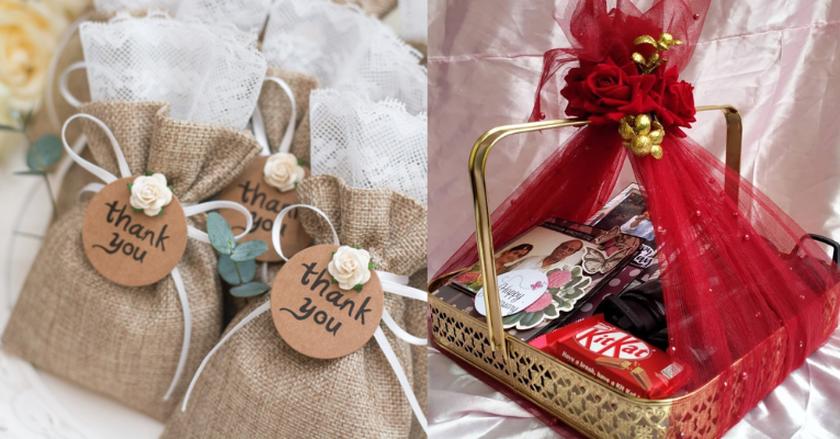 Best Wedding Planning & Gift Management Services in Chennai A stunning pair of golden plates with red and white floral patterns put on a vivid crimson cloth.