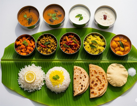 A traditional food is displayed on a banana leaf, showcasing the delights of a Christian wedding.