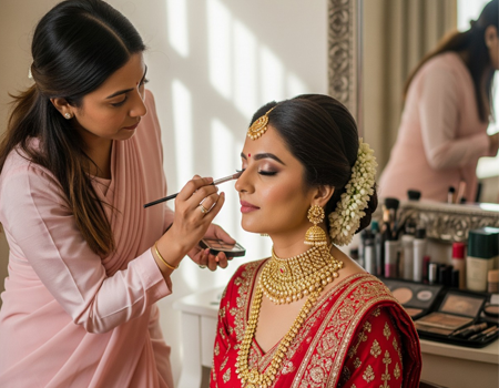 The North Indian bride, with exquisite adornments, traditional attire, and makeup, looks beautiful.