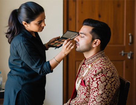 During a wedding in Kerala, India, the groom gets his makeup applied amidst vibrant decorations
