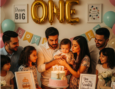 At a Birthday celebration, surrounded by decorations, a man and woman happily cut a cake together.