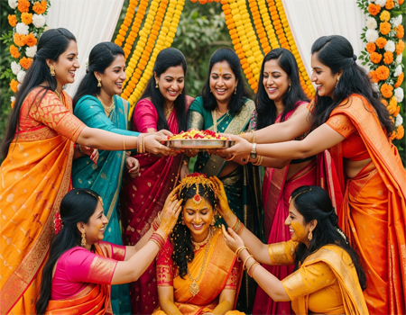 Joyful Indian wedding with guests in traditional attire, reflecting the event's rich cultural tapestry