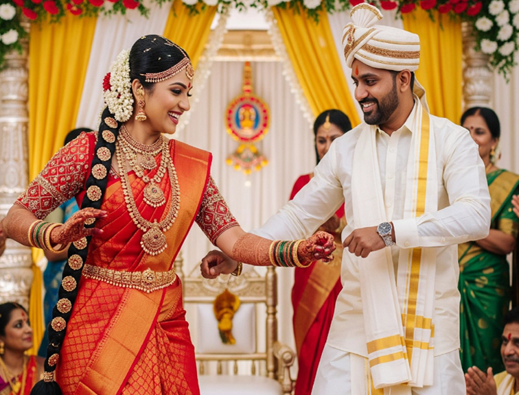 The bride and groom share a dance in front of a large screen, illuminated by colorful lights.