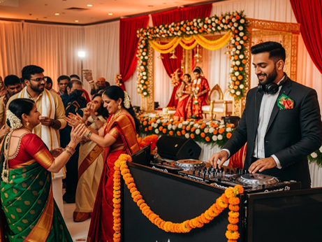 The bride and groom dance joyfully in front of a large screen, surrounded by vibrant lights.