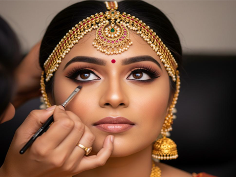 A woman, dressed in a green and blue sari and adorned with bridal hair and makeup, exuded beauty.