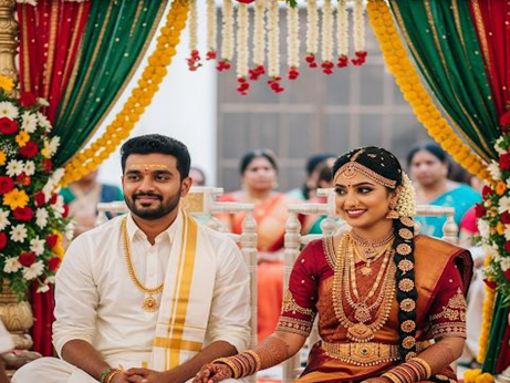 During a wedding in Kerala, India, the groom gets his makeup applied amidst vibrant decorations
