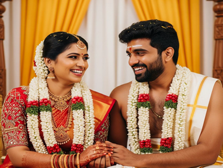 During a wedding in Kerala, India, the groom gets his makeup applied amidst vibrant decorations