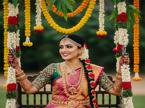 A stunning image of a woman wearing a traditional red and gold sari, exuding radiant beauty.