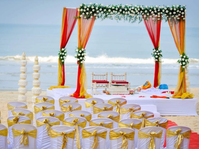 A beautiful Indian wedding ceremony takes place, showcasing cultural rituals in vibrant attire