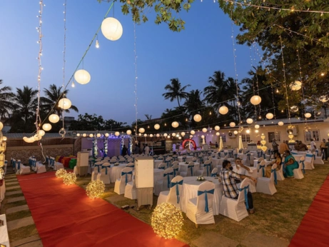 In a spacious banquet hall, we elegantly display stylish wedding reception tables and chairs.